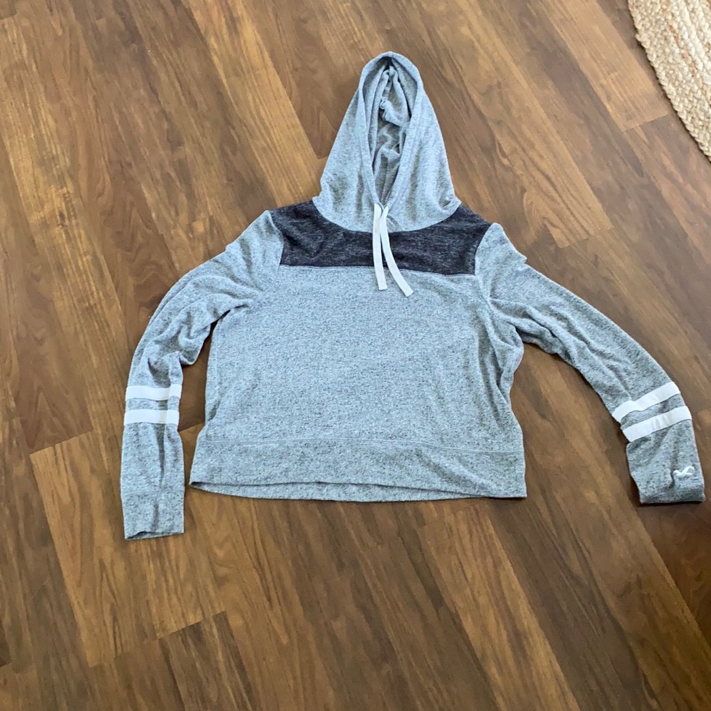 Grey, white and dark gray Hollister hoodie